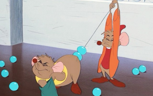 Two cartoon mice stringing beads on their tail