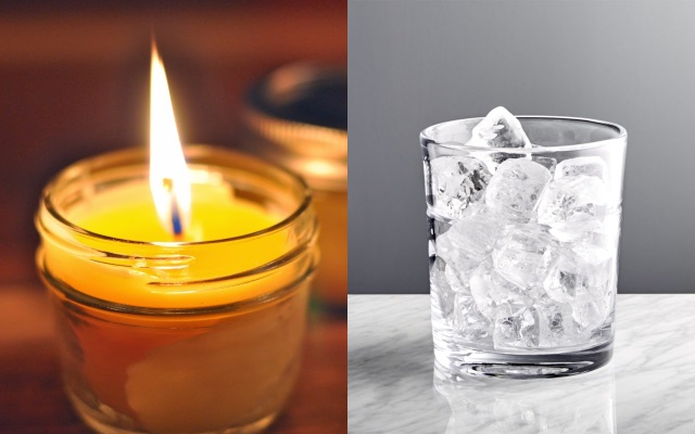 A split image of a burning candle and a glass full of ice