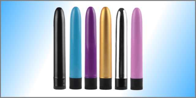 Six classic vibrators of varying colors with blue-white gradient background