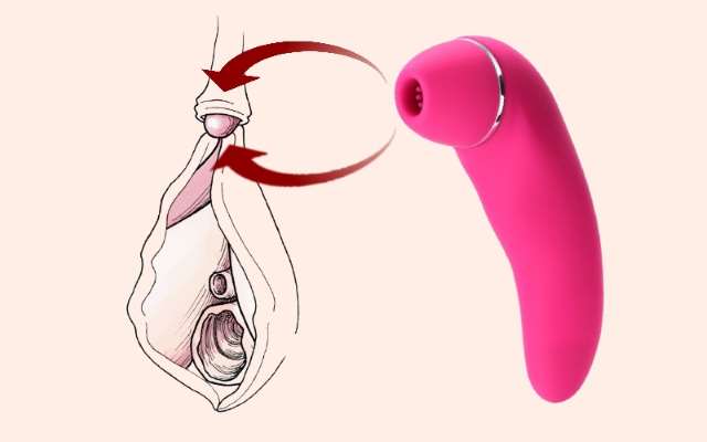 Pink clitoral vibrator with arrows pointing from the suction head to clitoris