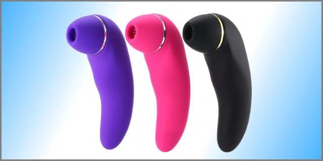 Three clitoral vibrators of varying colors with blue-white gradient background