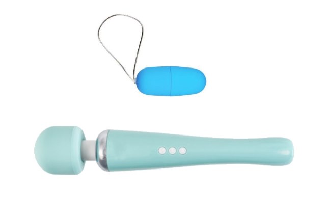Small blue egg vibrator alongside a much larger blue wand vibrator