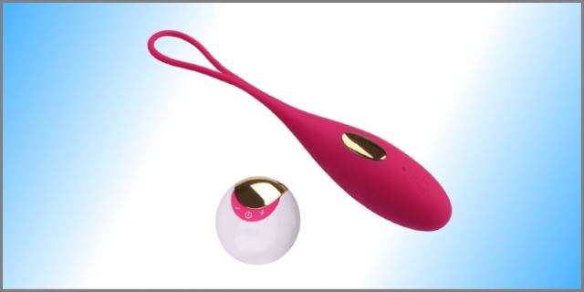 Sleek purple egg vibrator and its remote controller with blue-white gradient background