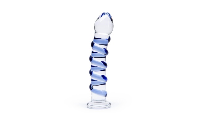 Elegant blue and clear glass dildo with white background