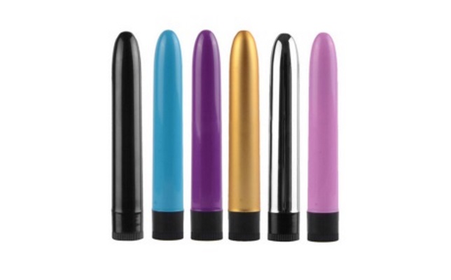 Six straight vibrators of various colors with white background