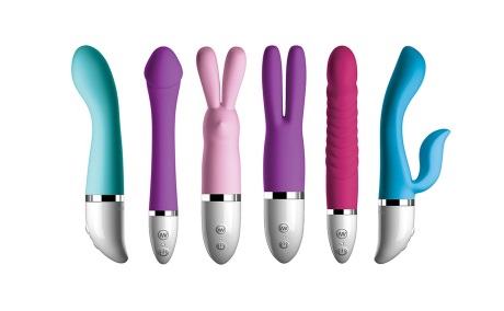 Six silicone vibrators in various colors and shapes