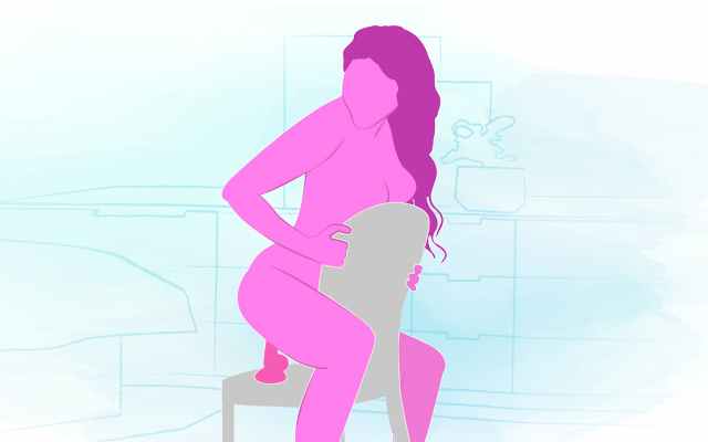 diagram showing woman sitting on a chair using suction cup dildo in cowgirl position