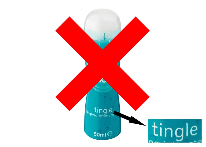 Teal bottle of lube with big red X and zoom in of the word Tingle
