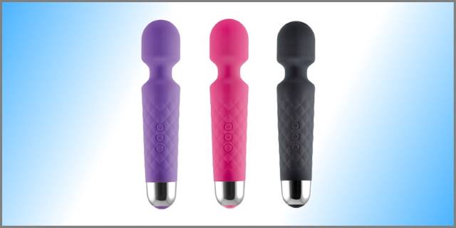 Four wand vibrators of varying colors with blue-white gradient background